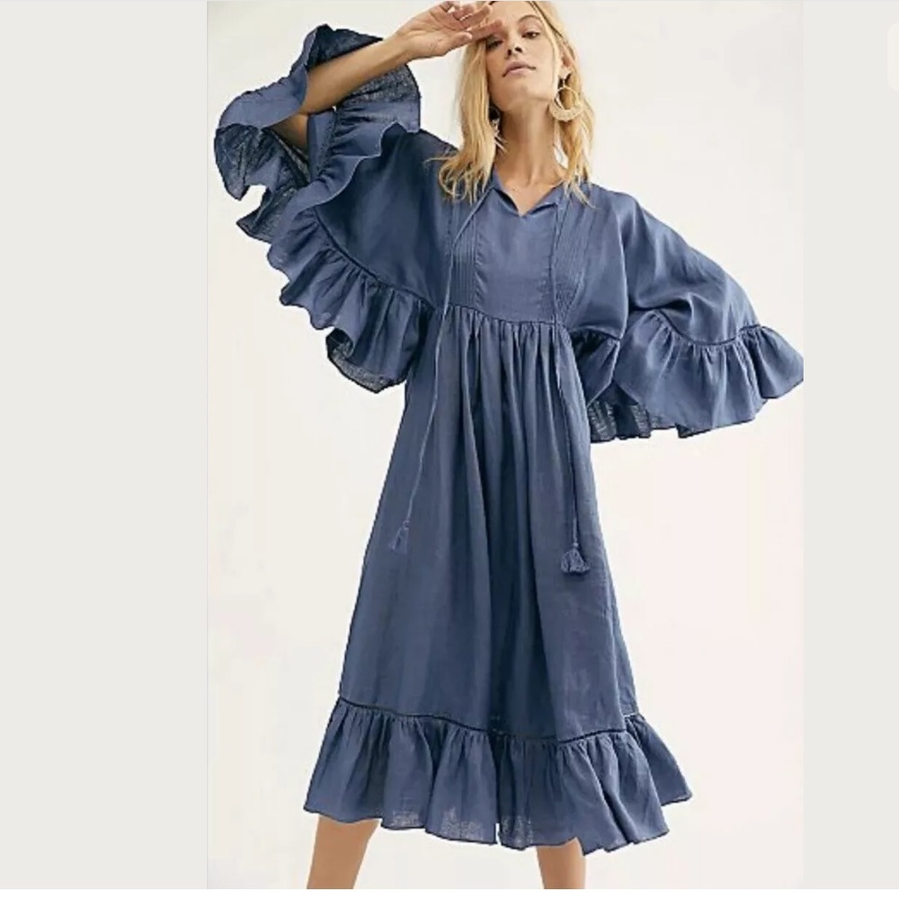 Anthropologie Blue Ruffled Midi Dress